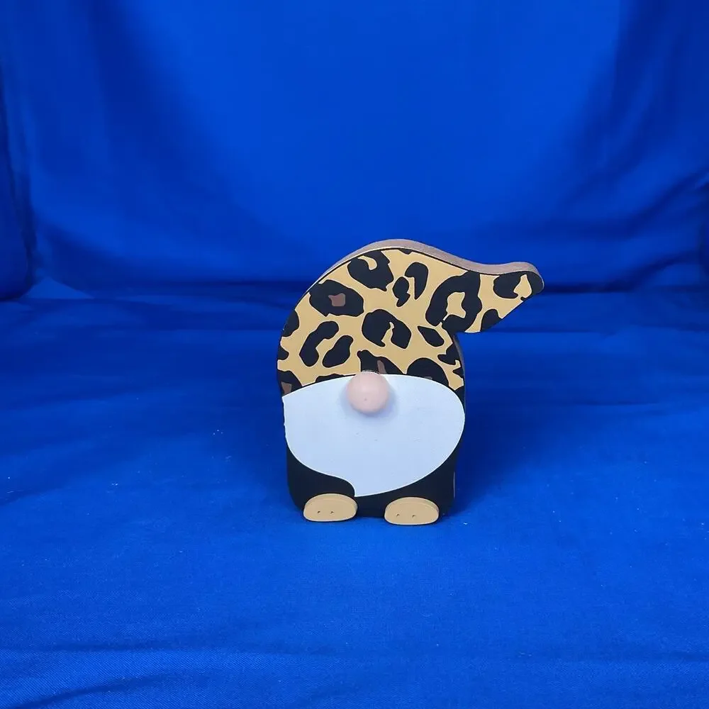 Leopard Print Gnome Shaped Wooden Block Sign Cheetah Animal Pattern Shelf Sitter